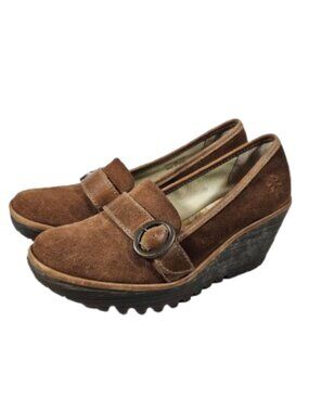 Fly London P500771002 Wedge Loafers Brown Suede Women's Size 38 or 7.5
